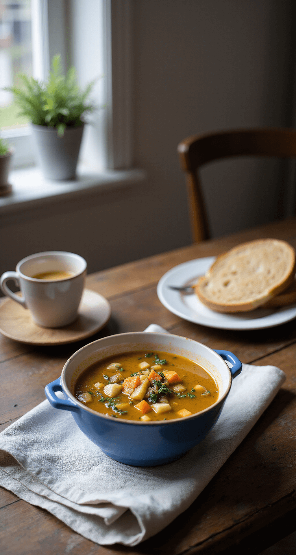 Een gezellige eetkamer met kaarslicht waar een dampende kom groentesoep in een Delfts blauwe kom wordt geserveerd, omringd door kleurrijke groenten en balletjes in goudkleurige bouillon. Naast de kom ligt warm stokbrood met verse peterselie.