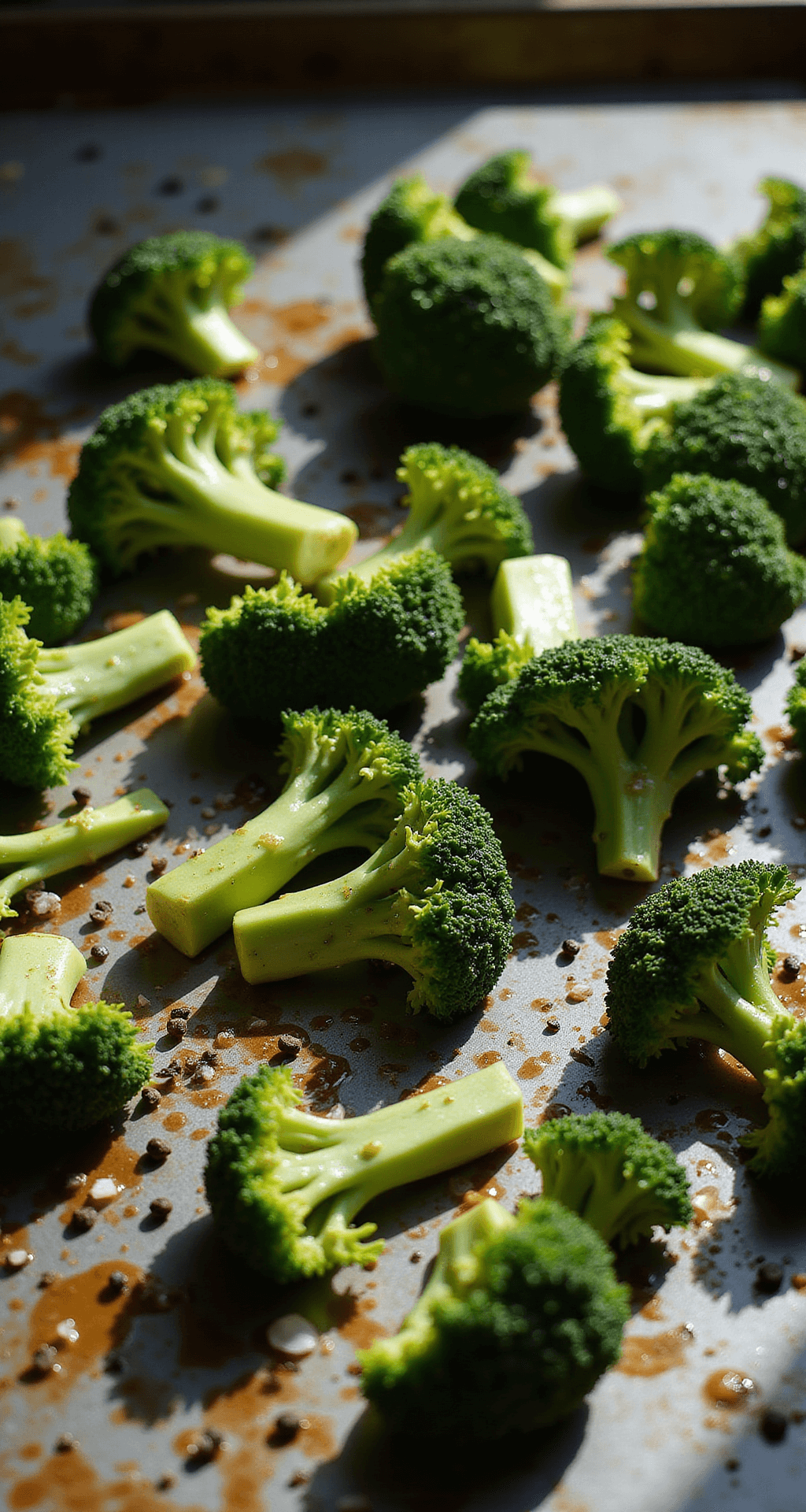Cinematische close-up van levendig groene broccoliroosjes die glanzen van olijfolie op een rustieke metalen bakplaat, bestrooid met verse zwarte peper en zeezoutkorrels, met zacht natuurlijk licht dat door een raam stroomt en dramatische schaduwen creëert.
