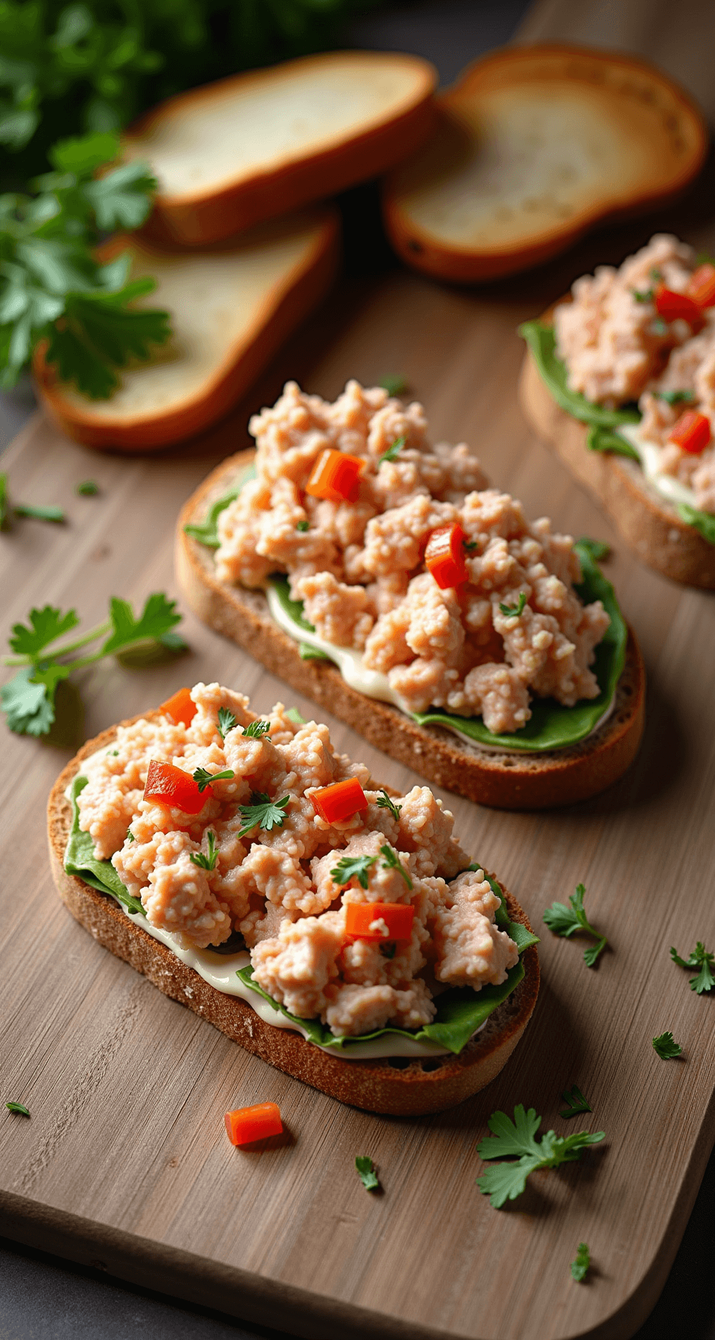 Deel van een ambachtelijke sandwich op een houten snijplank, met vlokken tonijn gemengd met gesneden rode paprika en selderij, versieringen van peterselie, en rustieke sneetjes brood ernaast, met zachte directionele verlichting die de romige textuur van mayonaise accentueert.