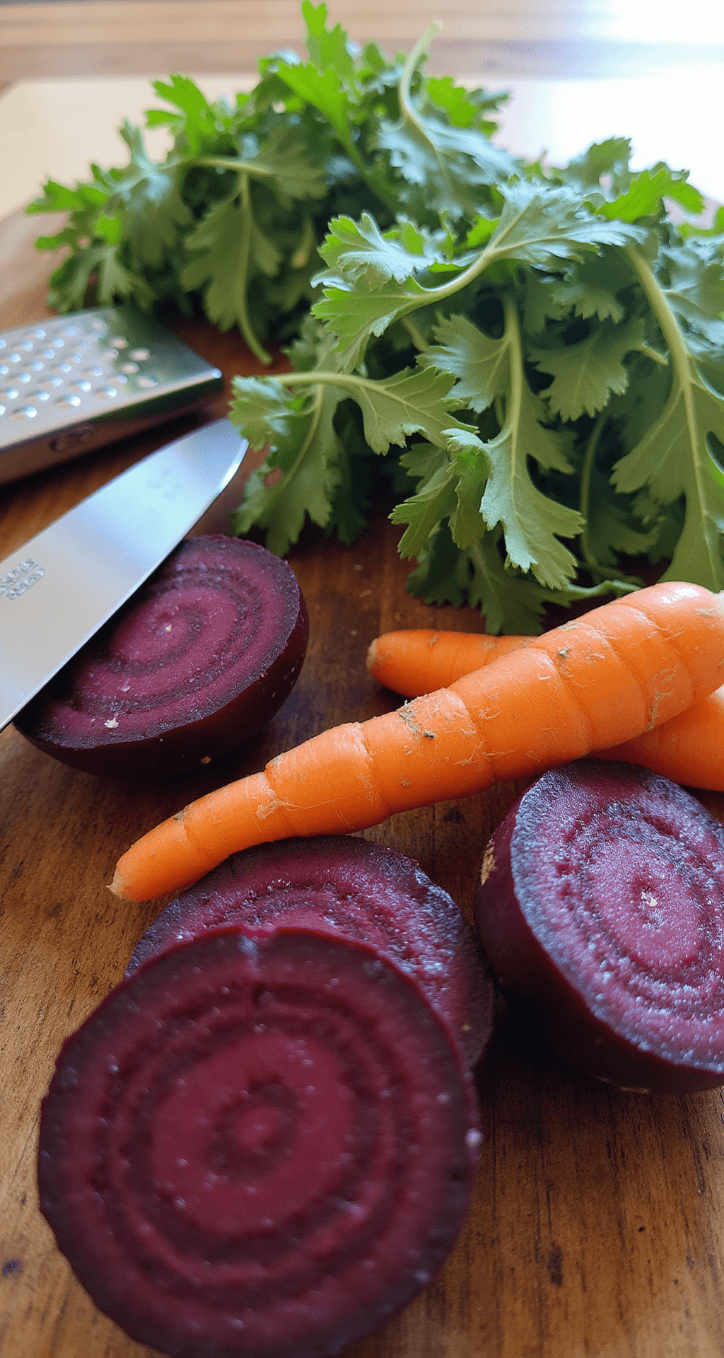Close-up van levendige ingrediënten op een rustieke houten snijplank, met dieppaarse rauwe bietjes, oranje wortelen en verse rucola. Natuurlijk zonlicht stroomt door een keukenraam en benadrukt de texturen en kleuren. Een professionele chef-koksmes en een roestvrijstalen rasp zijn zichtbaar in de compositie.
