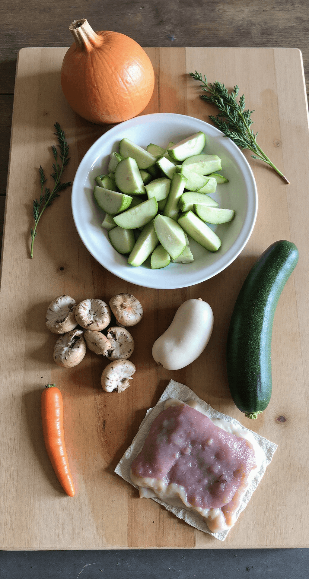 In een lichte moderne keuken liggen gesneden courgette, ui en shiitake paddestoelen op een snijplank, naast een kom met geklopte eieren, verlicht door natuurlijk ochtendlicht.