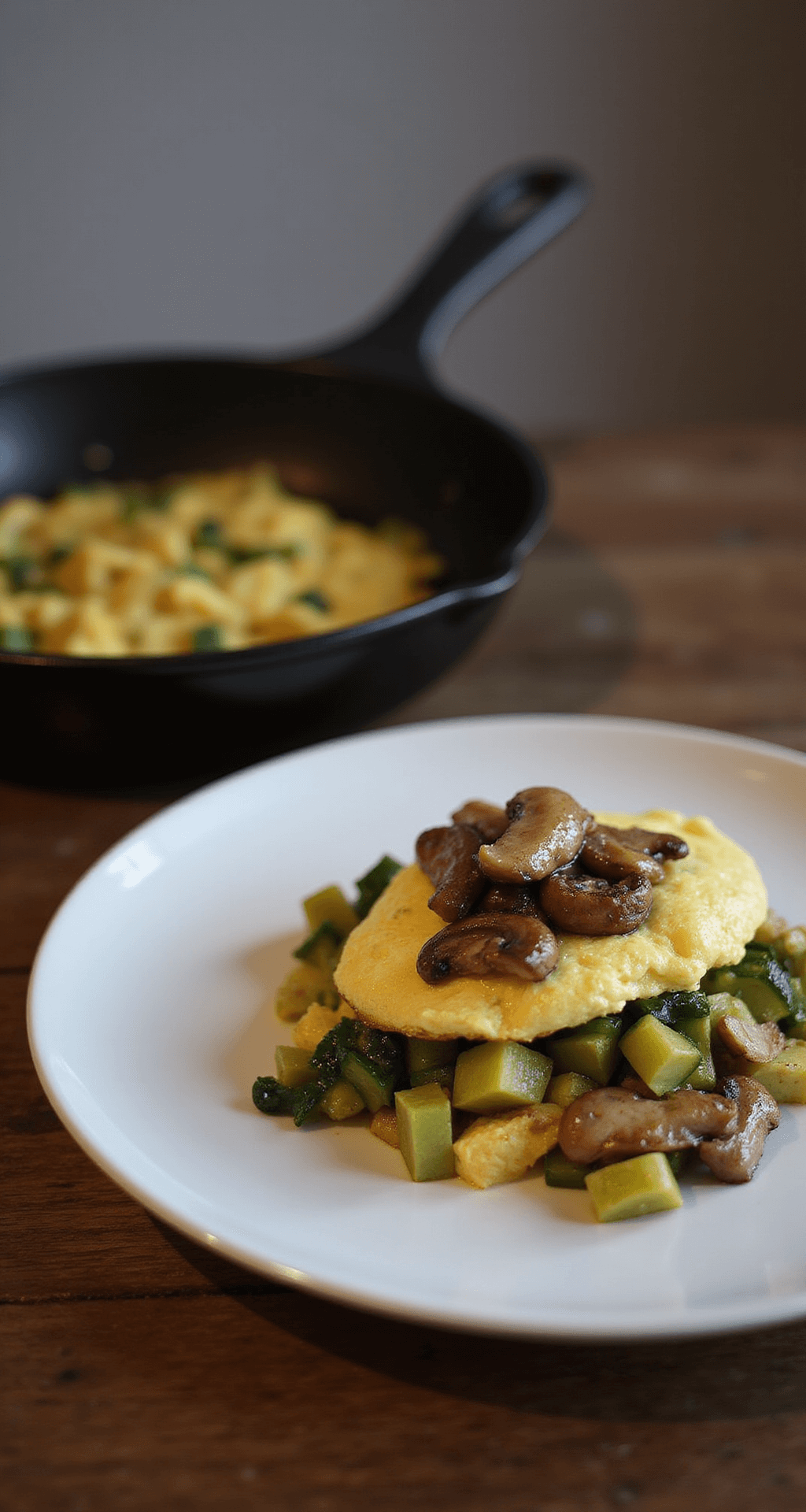 Een zwarte gietijzeren pan met romige roerei, courgette en shiitake, gestoomd met gesmolten kaas, op een fornuis in warme belichting.