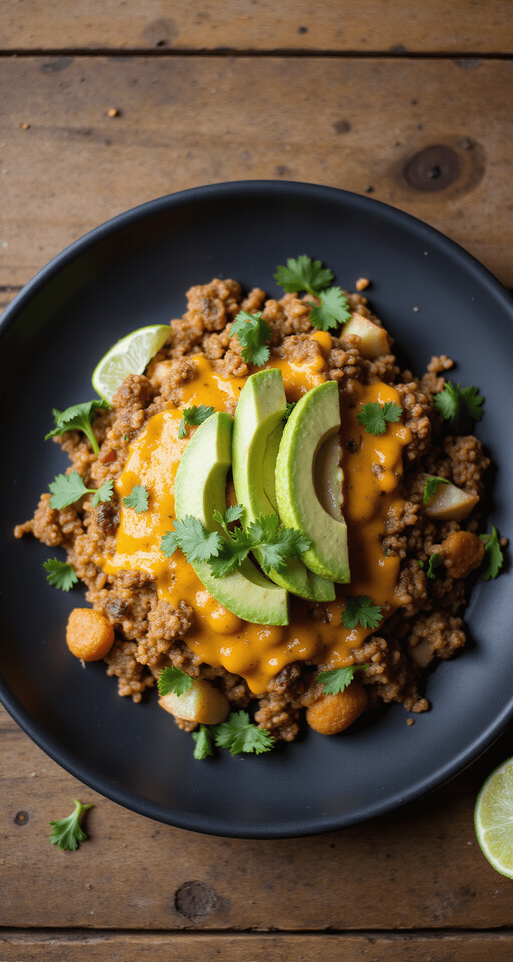 Een overhead shot van een rustieke houten tafel met een afgerond low-carb taco rijstgerecht. Stoom komt van het gekruide gehakt en bloemkoolrijst, bedekt met glanzende gesmolten kaas. Verse garnituren van gesneden avocado, limoenpartjes en verspreide korianderblaadjes zorgen voor een professionele presentatie. Een donker matte schaal biedt een sterk contrast met de levendige ingrediënten.