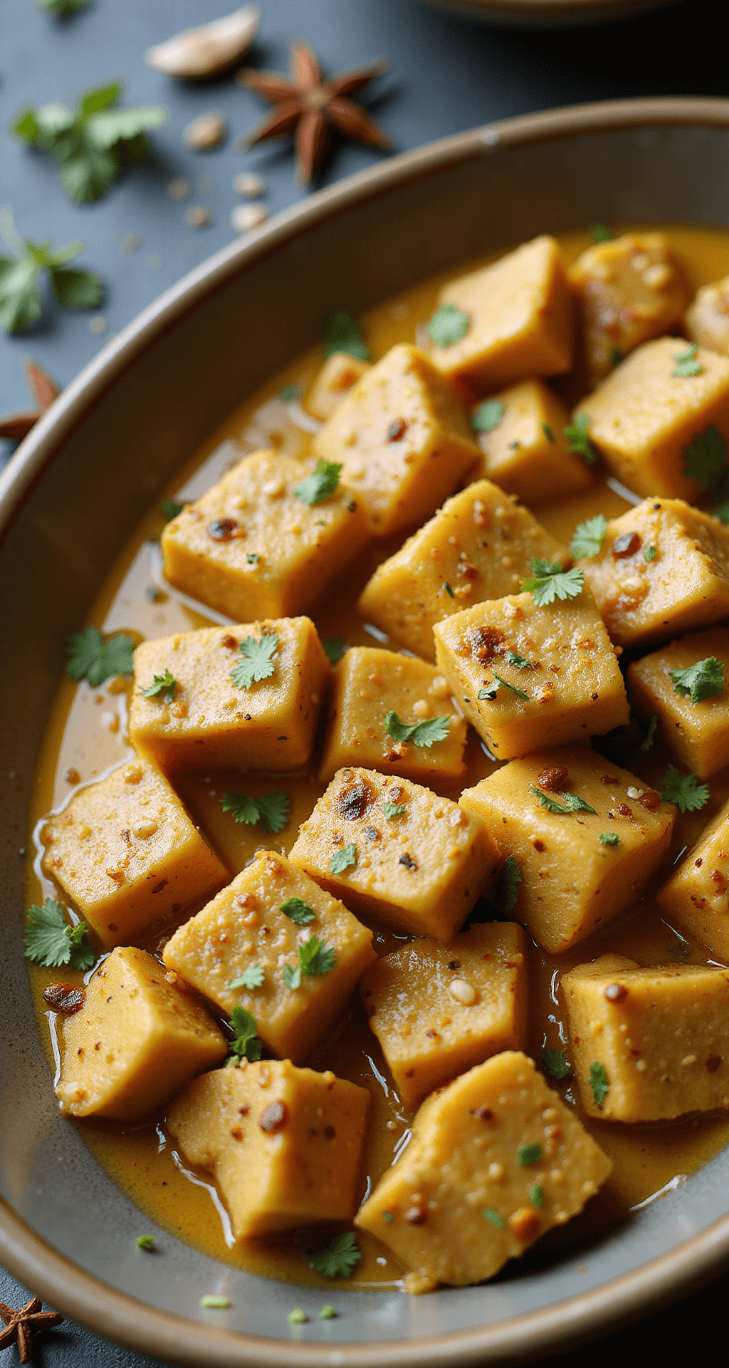 Close-up van marinated kipstukken in een glanzende keramische schaal, omhuld met een romige yoghurtsaus en gekruid met verse gember, knoflook en Indische specerijen. Zacht natuurlijk licht van boven accentueert de textuur van de marinade, met verse kruiden en hele specerijen rondom.