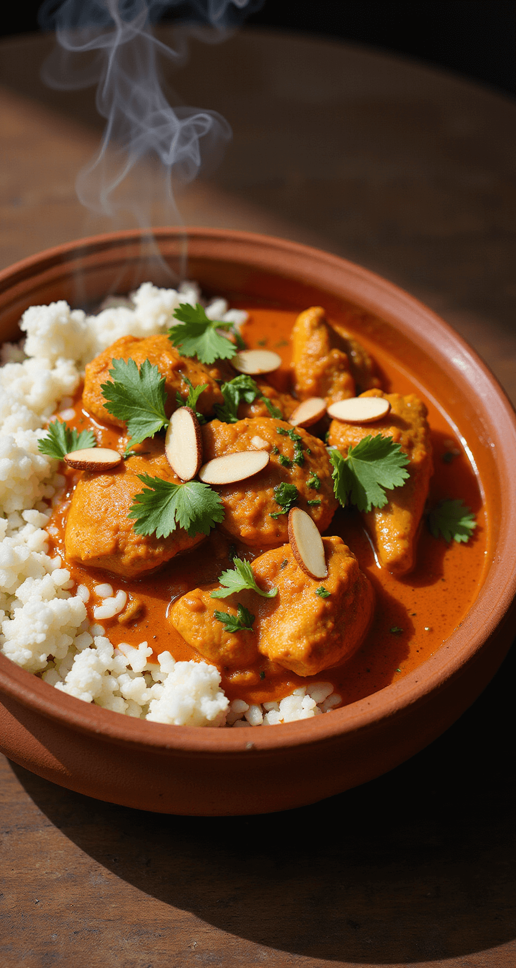 Een overhead opname van een rustieke aardewerken serveerschaal met romige oranje-rode Tikka Masala curry, waarin malse kipstukjes zichtbaar zijn. Garneert met verse koriander en geschaafde amandelen, terwijl er stoom van het gerecht opstijgt. Wordt geserveerd met luchtige bloemkoolrijst, onder warm, richtinggevend licht dat de fluwelige textuur van de saus benadrukt.