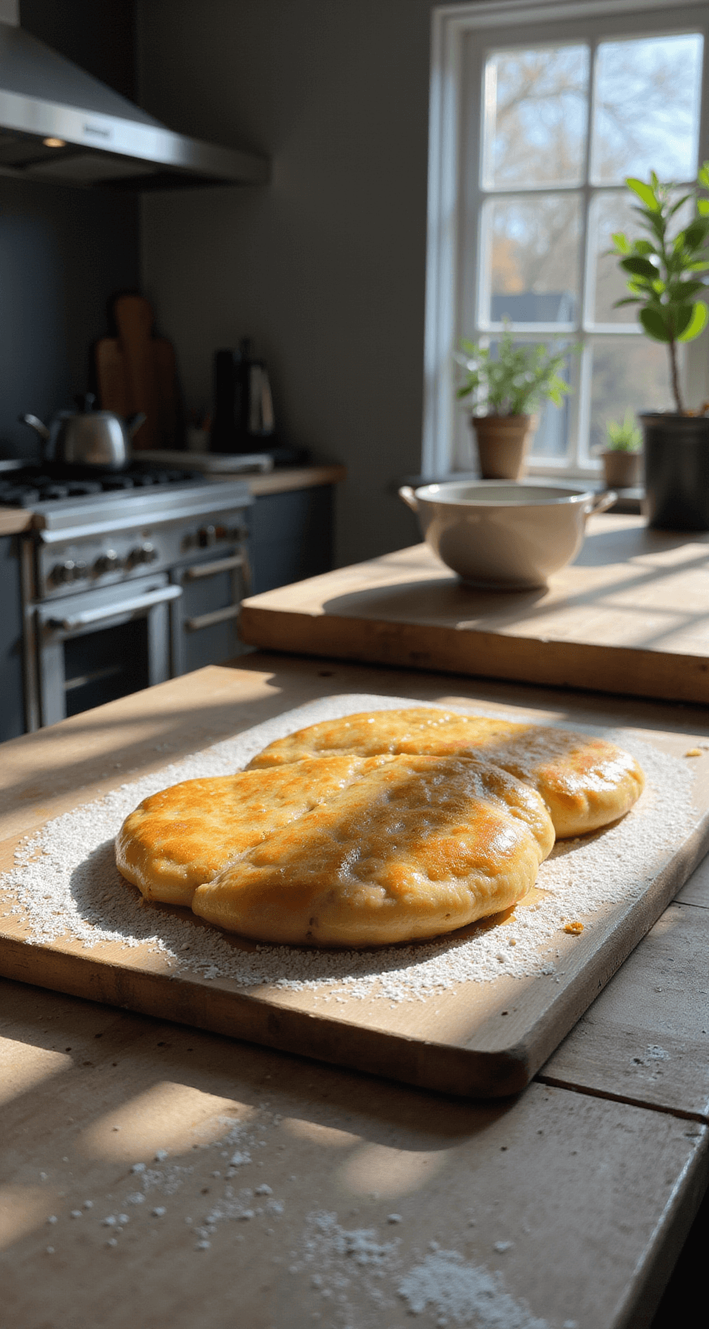 Een moderne Nederlandse keuken met een houten snijplank waarop dunne frietjes van pastinaak worden gesneden. Olijfolie en kruiden in een glazen kom en natuurlijk licht dat door het raam valt.