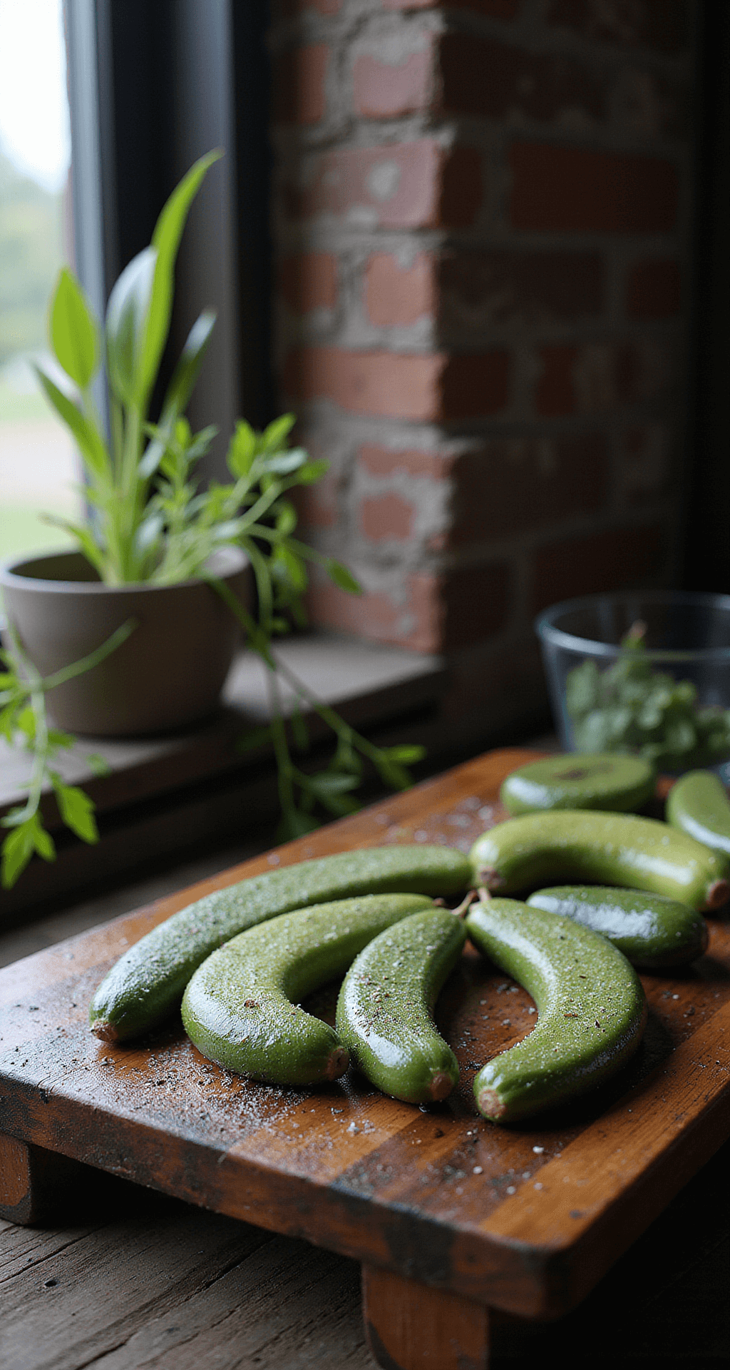 Een rustieke snijplank met perfect gesneden aubergines in plakken, een professioneel koksmes ernaast, bedekt met kristallen zeezout en subtiele waterdruppels.