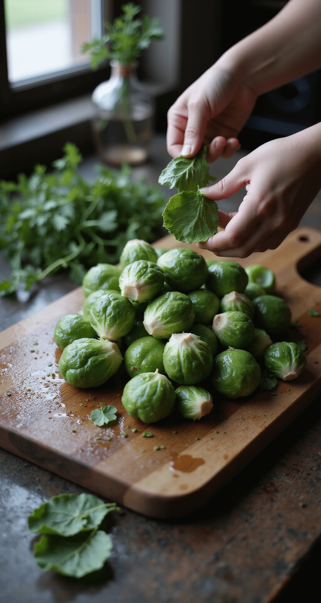 Knapperige Gebakken Spruitjes met Geroosterde Pecannoten Close-up van glanzende, vers gewassen spruitjes op een rustiek houten snijplank, met waterdruppels die het natuurlijke raamlicht vangen, terwijl handen in zachte focus beschadigde bladeren verwijderen, in een sfeervolle keukensetting met kruiden op de achtergrond.
