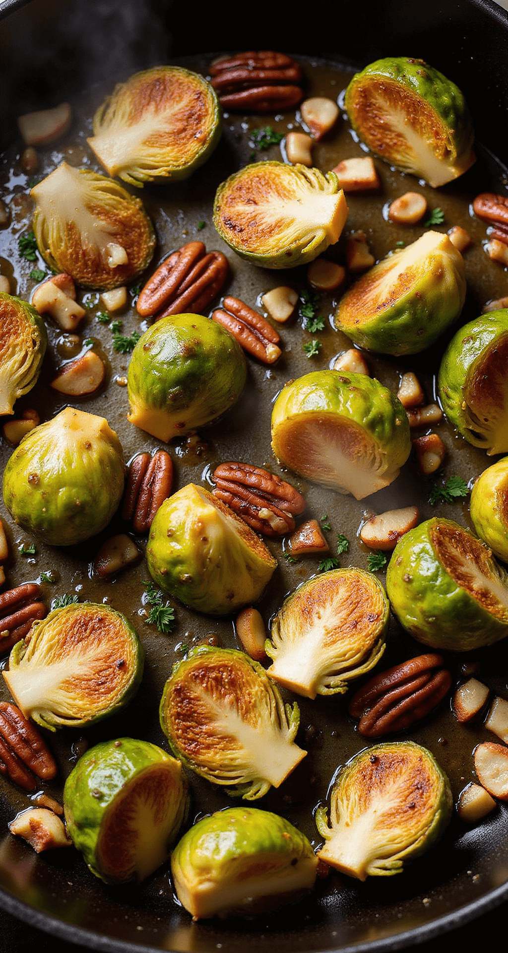 Knapperige Gebakken Spruitjes met Geroosterde Pecannoten Dramatisch bovenaanzicht van goudbruin gebakken spruitjes in een gietijzeren pan met perfect geroosterde pecannoten, stoom die opkomt, boter die kleine bubbels vormt, warme verlichting die de karamelisatie benadrukt, verspreide verse kruiden en druppels dressing zichtbaar.