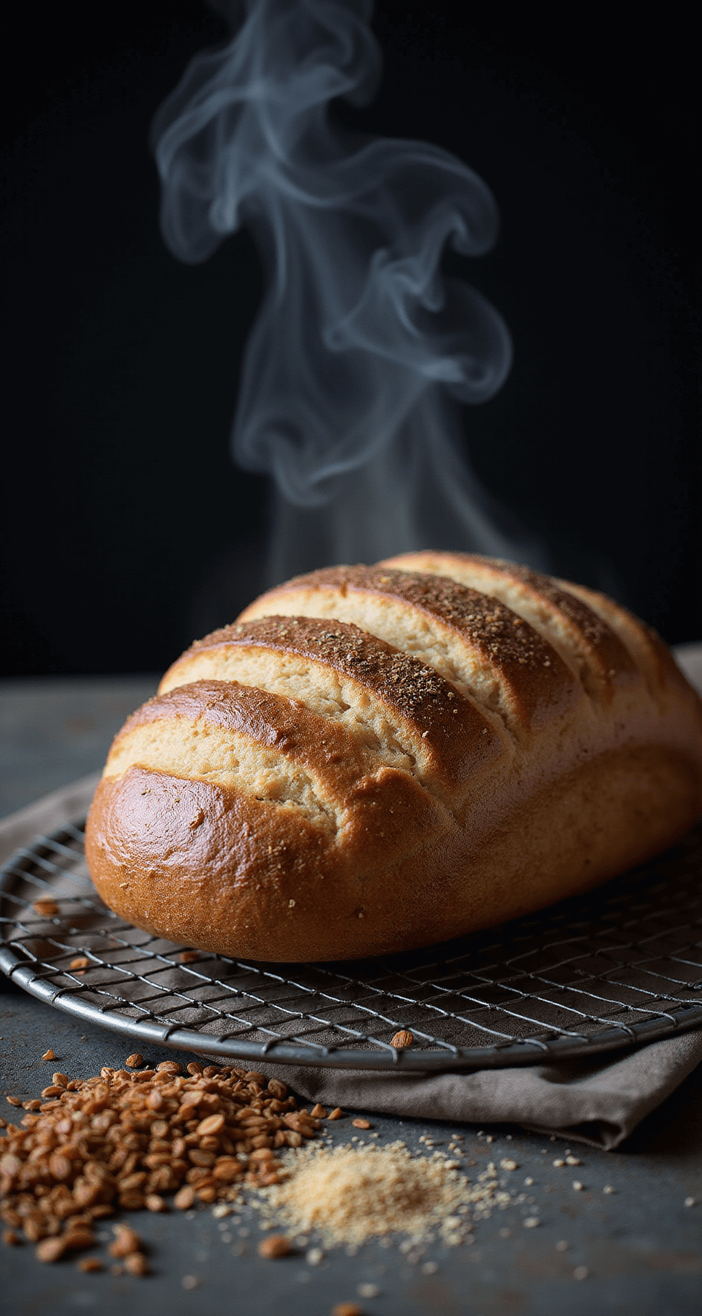 Vers gemaakte Adams Brotbrood op een vintage metalen koelrek, met stoom die omhoog stijgt, een diepe goudbruine korst met perfecte insnijdingen, omringd door verspreide ingrediënten zoals lijnzaad en psylliumhusk, gefotografeerd met sfeervolle belichting die de textuur van het brood accentueert.