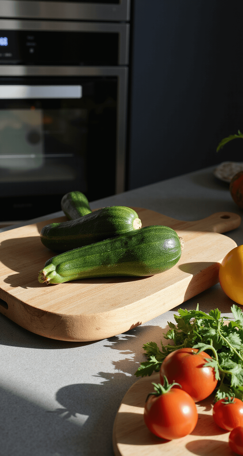 Moderne keuken met zonlicht, verse courgettes op een houten snijplank, scherp mes, kruiden, kleurrijke tomaten en een kom geitenkaas op een marmeren aanrecht.