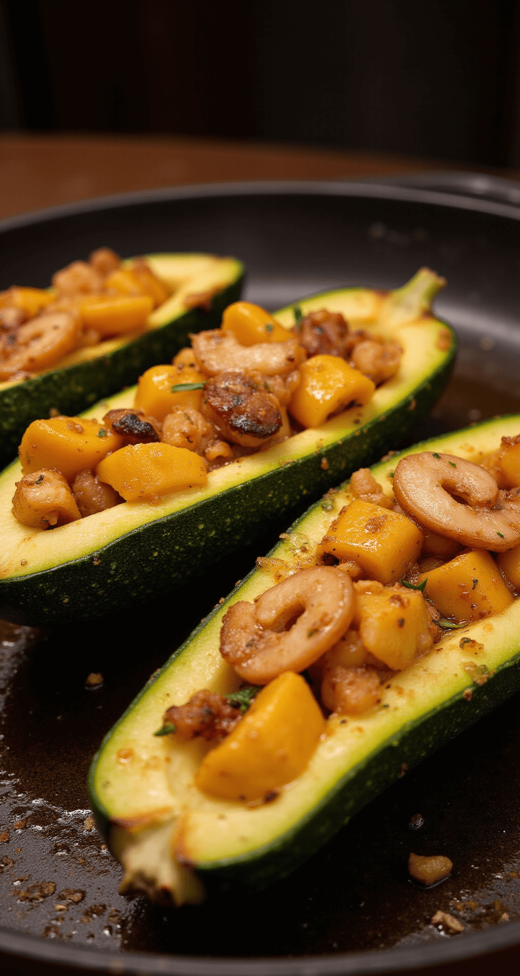 Goudbruin gegratineerde courgettebootjes gevuld met spinazie en kikkererwten, bedekt met gesmolten geitenkaas en geroosterde walnoten in een rustieke ovenschaal.