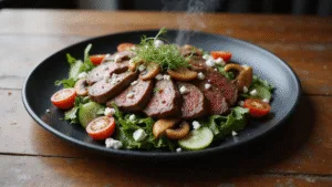Photorealistic image of a vibrant steak salad featuring medium-rare beef, sautéed shiitake mushrooms, crumbled feta, cherry tomatoes, and cucumber ribbons on a matte black ceramic plate, with natural light highlighting the dish, gentle shadows, and a rustic wooden table surface.