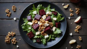 A vibrant beet salad featuring cubed deep purple-red beets, crisp arugula, crumbled feta, and toasted walnuts, all drizzled with balsamic-honey dressing on a matte black ceramic plate, set against a dark rustic wooden table with fresh ingredients framing the edges.