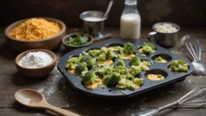 A rustic kitchen scene featuring a black matte muffin tin filled with broccoli cheese batter, surrounded by vibrant green broccoli florets, grated cheddar cheese, vintage measuring cups with flour, farm-fresh eggs, and a glass bottle of milk, all captured in soft natural light with an overhead angle and moody depth of field.