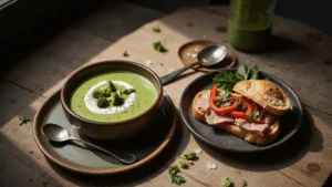 A creamy broccoli soup in a rustic ceramic bowl with roasted broccoli and a swirl of cream, accompanied by a partially deconstructed tuna sandwich on crusty bread, set on a wooden table with natural light and dramatic shadows.