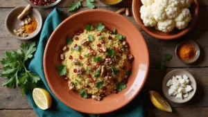 Cinematic overhead view of a rustic ceramic bowl filled with vibrant cauliflower couscous, garnished with pomegranate seeds, walnuts, and parsley, surrounded by spices and ingredients on a weathered wooden table, with soft natural lighting.