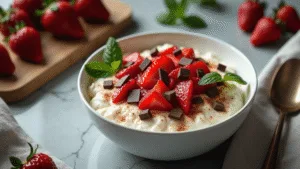 Overhead shot of a photorealistic artisanal bowl filled with cottage cheese and arranged strawberries, featuring dark chocolate shavings and mint, on a marble countertop with soft natural lighting and vintage props.