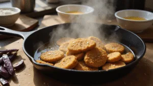 A high-resolution image of crispy golden-brown eggplant fries cooking in a cast-iron pan with sizzling olive oil, accompanied by bowls of flour, beaten eggs, and seasoned breadcrumbs on a rustic wooden cutting board. Natural sunlight creates rim lighting, highlighting the fries and steam in a soft bokeh background.