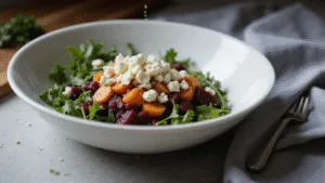 Cinematic food photography of a vibrant detox salad with grated beets, carrots, arugula, and crumbled feta in a white bowl, drizzled with honey-olive oil dressing, arranged artistically with scattered fresh ingredients.