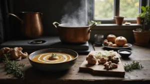 A rustic Dutch kitchen scene featuring fresh forest mushrooms, onions, and thyme on a wooden cutting board, with a vintage copper pot simmering on the stove, warm autumn lighting, and a finished soup garnished with cream and sautéed mushrooms.