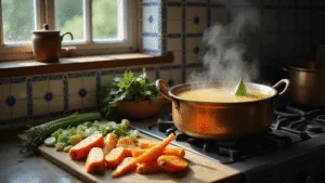 A photorealistic scene of a traditional Dutch kitchen featuring a copper soup pot on a vintage gas stove, steaming with bubbling golden broth, surrounded by freshly chopped colorful vegetables on a wooden cutting board, accented by soft afternoon light and Delft blue tiles in the background.