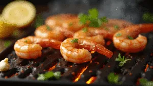 Cinematic close-up of grilled jumbo shrimp on a rustic grill, showcasing honey-citrus glaze, char marks, and vibrant herbs, with flames and smoke enhancing the dramatic warmth of the scene.