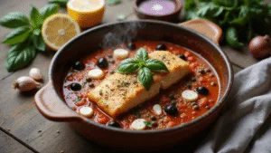 Photorealistic image of a golden-brown baked cod fillet in tomato sauce with olives and capers in a rustic dish, garnished with basil and mozzarella, presented in a Mediterranean kitchen with fresh ingredients, natural lighting, and steam rising.