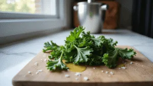 Photorealistic close-up of crispy kale leaves on a rustic wooden cutting board, illuminated by soft natural sunlight in a modern Dutch kitchen. The vibrant green leaves glisten with olive oil, surrounded by a clean white marble countertop and a stainless steel salad spinner in the background, accented by copper details. Scattered sea salt crystals add texture to the composition.