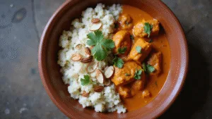 A rustic earthenware bowl filled with vibrant orange-red Tikka Masala curry featuring tender chicken pieces and creamy sauce, accompanied by fluffy cauliflower rice, garnished with fresh cilantro and toasted sliced almonds, captured in soft natural lighting with rich textures and warm tones.
