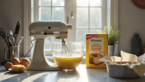 A sunlit modern kitchen with a marble countertop featuring a stand mixer, glass bowl of quark mixture, golden eggs, and butter, alongside Konzelmann's vanilla cake mix, with artfully arranged kitchen tools, in a warm color palette, captured in hyperrealistic detail.