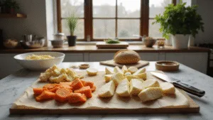 A high-end kitchen scene featuring freshly cut root vegetables on a marble countertop, with natural daylight illuminating the space, a chef's knife on a wooden board, and bowls of olive oil and spices arranged nearby, embodying a modern Dutch contemporary aesthetic.