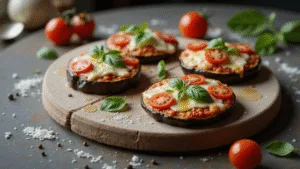 A close-up of rustic mini eggplant pizzas on a stone serving board, featuring golden-brown baked rounds topped with mozzarella and tomato sauce, garnished with basil and cherry tomatoes, in dramatic side lighting with a warm Mediterranean atmosphere.