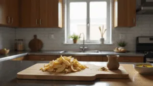 Photorealistic image of parsnip fries on a wooden cutting board in a modern Dutch kitchen, featuring artisanal olive oil in a ceramic bowl, warm oak cabinets, and soft natural lighting filtering through a window.