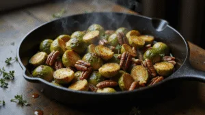 Overhead shot of golden-brown roasted Brussels sprouts in a cast iron pan, featuring caramelized edges and toasted pecans, drizzled with amber ginger syrup, against a dark wooden surface with dramatic lighting.