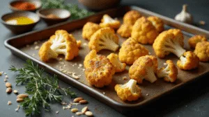 Roasted cauliflower florets with crispy edges and melted Parmesan cheese on a rustic metal baking sheet, surrounded by toasted almonds, fresh thyme sprigs, garlic cloves, and spices in ceramic bowls, illuminated by soft natural lighting in a Dutch kitchen setting.