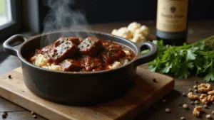 A cozy Dutch rustic kitchen showcasing Boeuf Bourguignon in a cast-iron Dutch oven over cauliflower rice, with rich burgundy sauce and steam rising. Warm lighting creates dramatic shadows, while fresh herbs, peppercorns, and walnuts are scattered in the foreground. Vintage Burgundy wine bottle and raw ingredients like cauliflower and mushrooms enhance the scene's earthy color palette. Photorealistic details captured in soft focus.