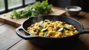 A close-up of creamy scrambled eggs with diced zucchini and shiitake mushrooms in a cast-iron pan, garnished with melted cheese, bathed in morning light with herbs and sea salt in the background.