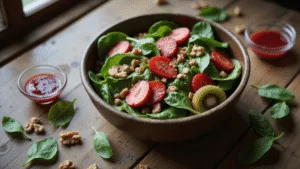 Photorealistic image of a vibrant spinach and fruit salad featuring fresh baby spinach, sliced strawberries, kiwi medallions, and crushed walnuts in a vintage ceramic bowl, accompanied by a small crystal bowl of glossy raspberry vinaigrette. The scene is illuminated by natural golden hour lighting, with a rustic wooden table surface and droplets of water on the leaves, creating a moody yet bright atmosphere.