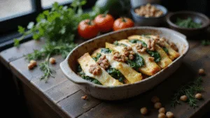 Golden-brown zucchini boats filled with spinach and topped with melted goat cheese and toasted walnuts, surrounded by fresh herbs and rustic kitchen elements, captured in warm natural light.