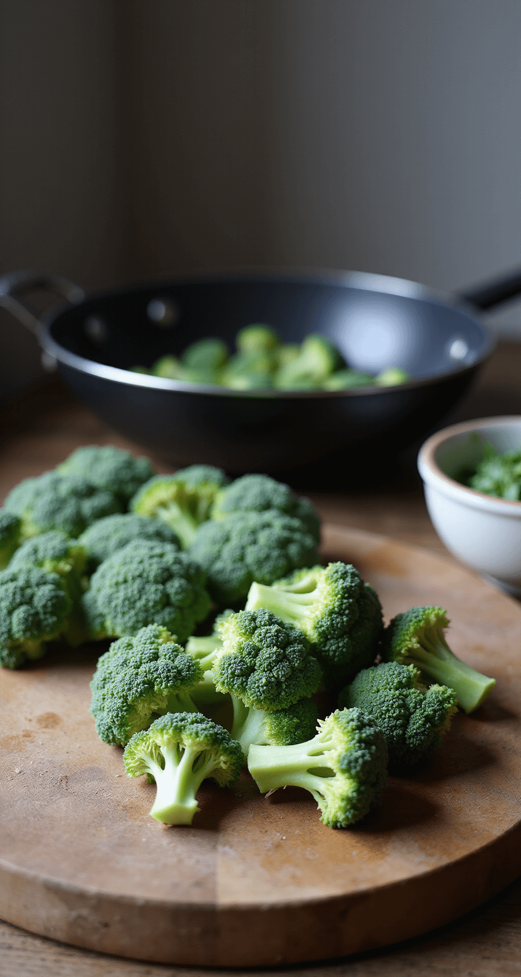 Een rustieke keuken met natuurlijk daglicht, waar verse broccoliroosjes op een houten snijplank worden voorbereid. Een kookpan staat op het fornuis en water kookt zachtjes. De broccoliroosjes zijn levendig groen en glinsteren van de waterdruppels. Keukenmess, zeef en kookgerei zijn mooi gerangschikt op het marmeren aanrecht.