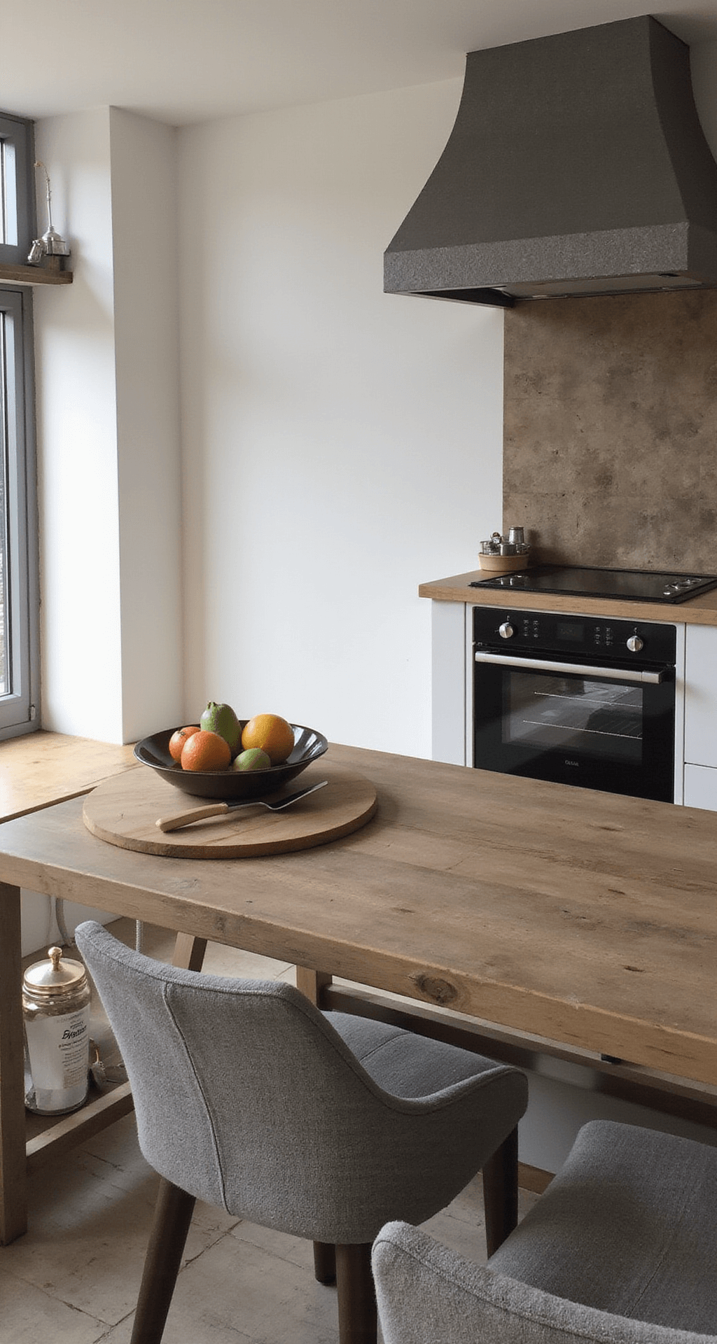 Zonlicht valt op een rustieke houten snijplank met kleurrijke groenten, vergezeld van een glanzende mengkom en garde, terwijl een voorverwarmde oven een warme gloed afgeeft.