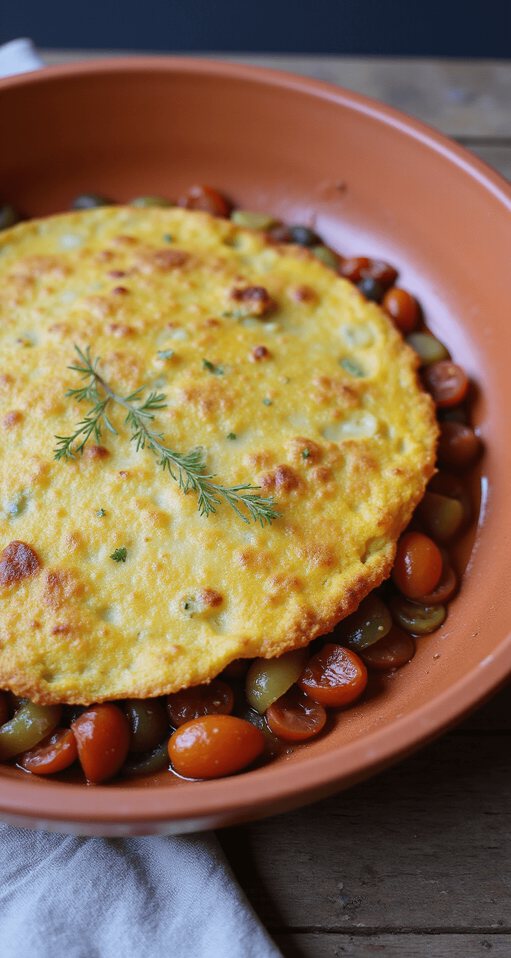 Goudbruine omelet in terracotta ovenschaal, bedekt met gesmolten kaas, tomaat en ui, met stoom en verse kruiden.