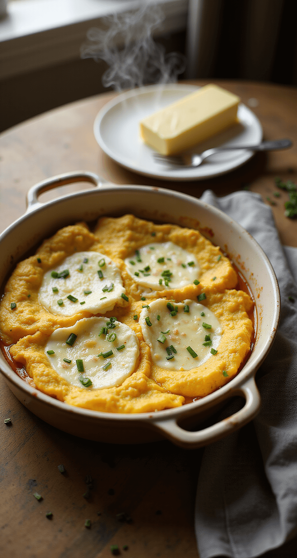Bovenaanzicht van een rustieke keramische ovenschaal met luchtige roerei, gegarneerd met verse chives, omringd door kruiden en boter op een houten ontbijttafel in gouden ochtendlicht.