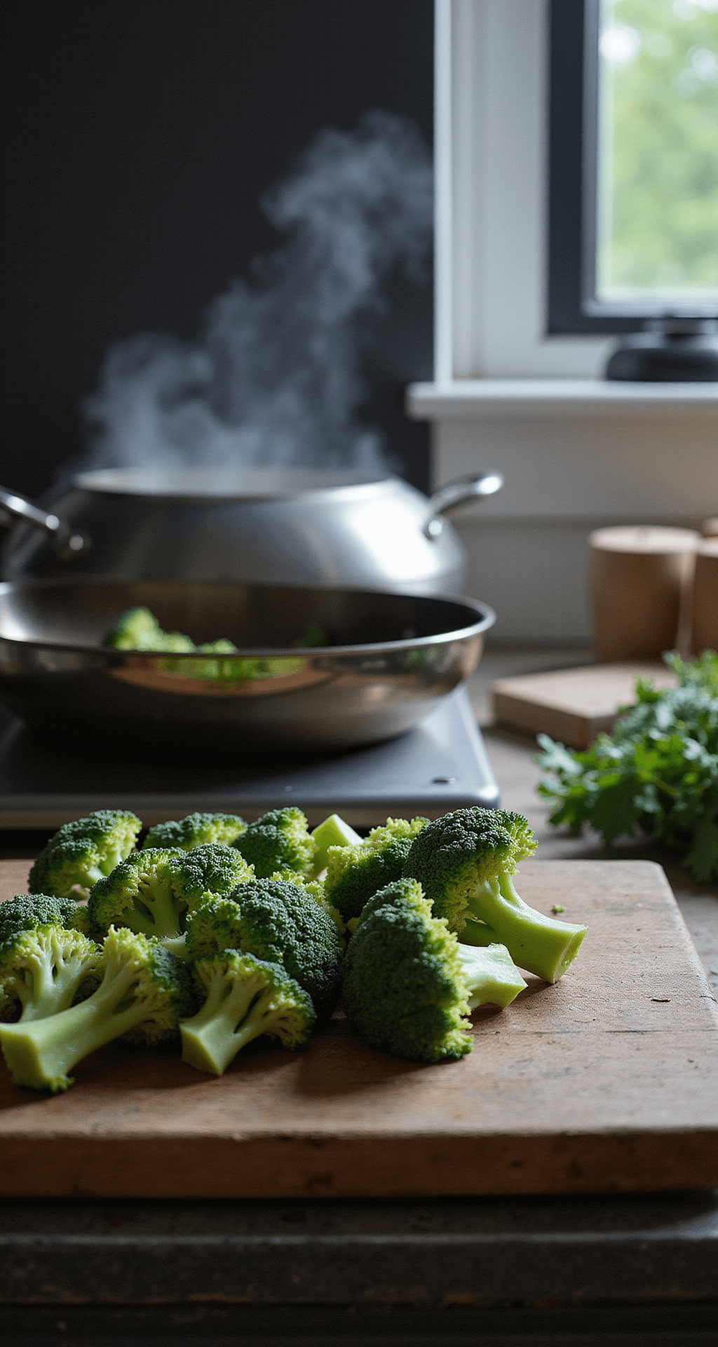 Een moderne keuken met zonlicht, waar verse broccoliroosjes op een houten snijplank liggen naast een grote pan met kokend water en een vintage vergiet, terwijl er stoom uit de pan opstijgt.