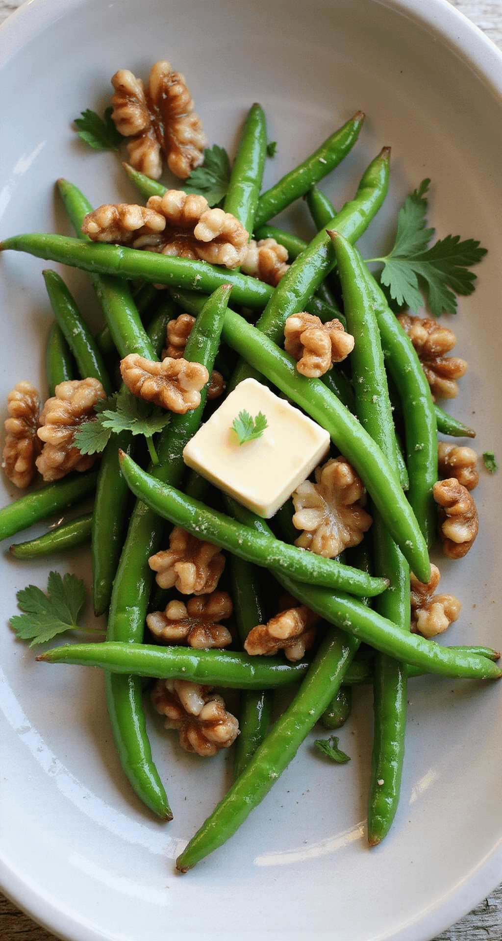 Bovenaanzicht van levendige groene bonen op een ambachtelijk keramisch bord, gegarneerd met grofgehakte geroosterde walnoten en verse peterselie, met gesmolten boter die glans geeft aan de bonen.