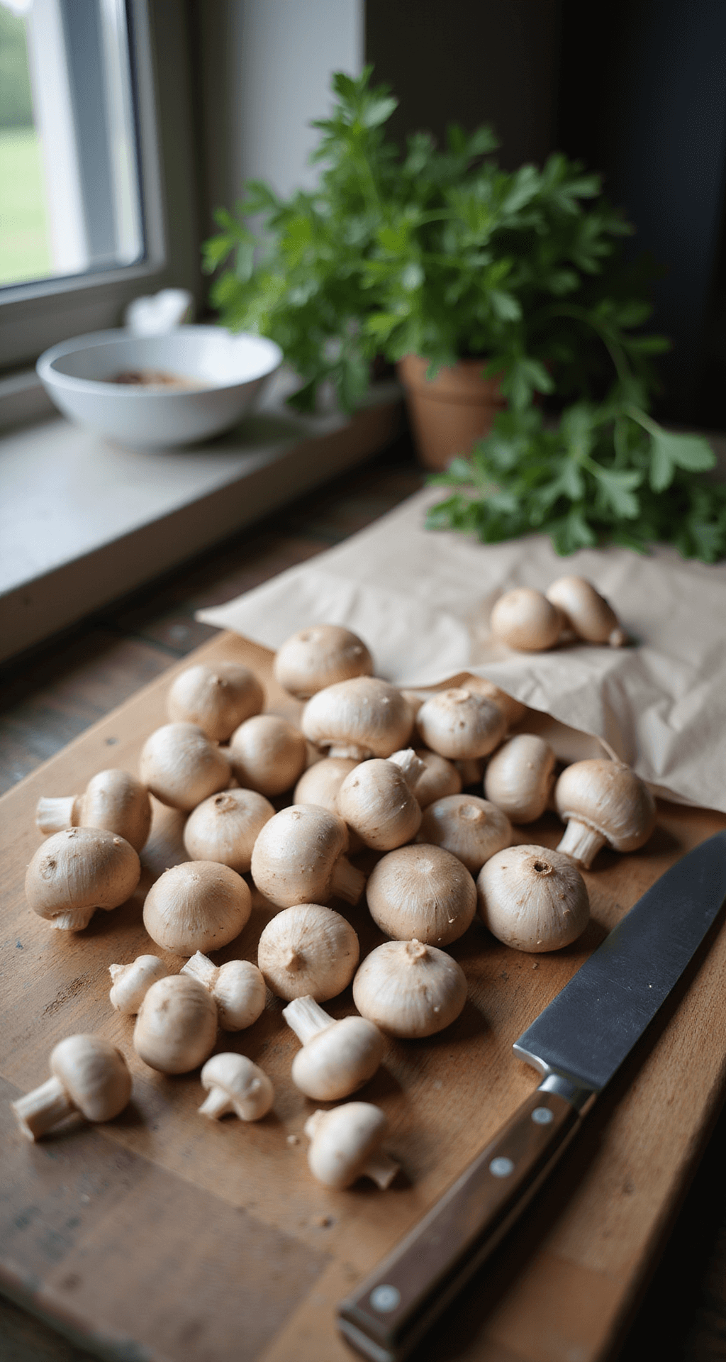Dichtbijopname van verse kastanjechampignons op een rustieke houten snijplank, zacht verlicht door natuurlijk licht. Paddenstoelen met stevige hoeden en schone stelen, naast een scherp koksmes en frisse keukendoeken. Professionele keuken met onscherpe kruiden op de achtergrond.