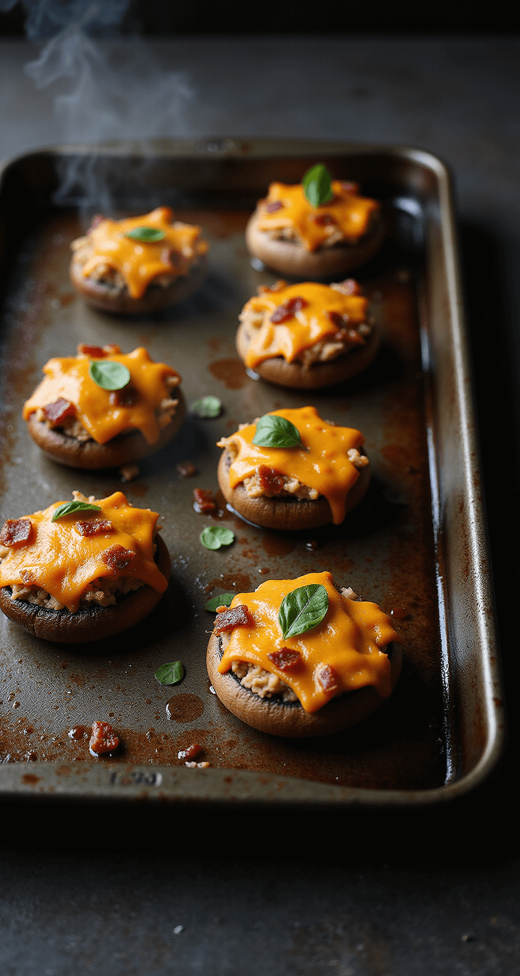 Bovenaanzicht van goudbruine gevulde champignons op een matte zwarte keramische bakplaat, met glanzende gesmolten Cheddar kaas. Crispy bacon stukjes in de vulling, gegarneerd met verse peterselie bladeren. Stoom stijgt subtiel op, wat een sfeervolle atmosfeer met dramatische schaduwen creëert.