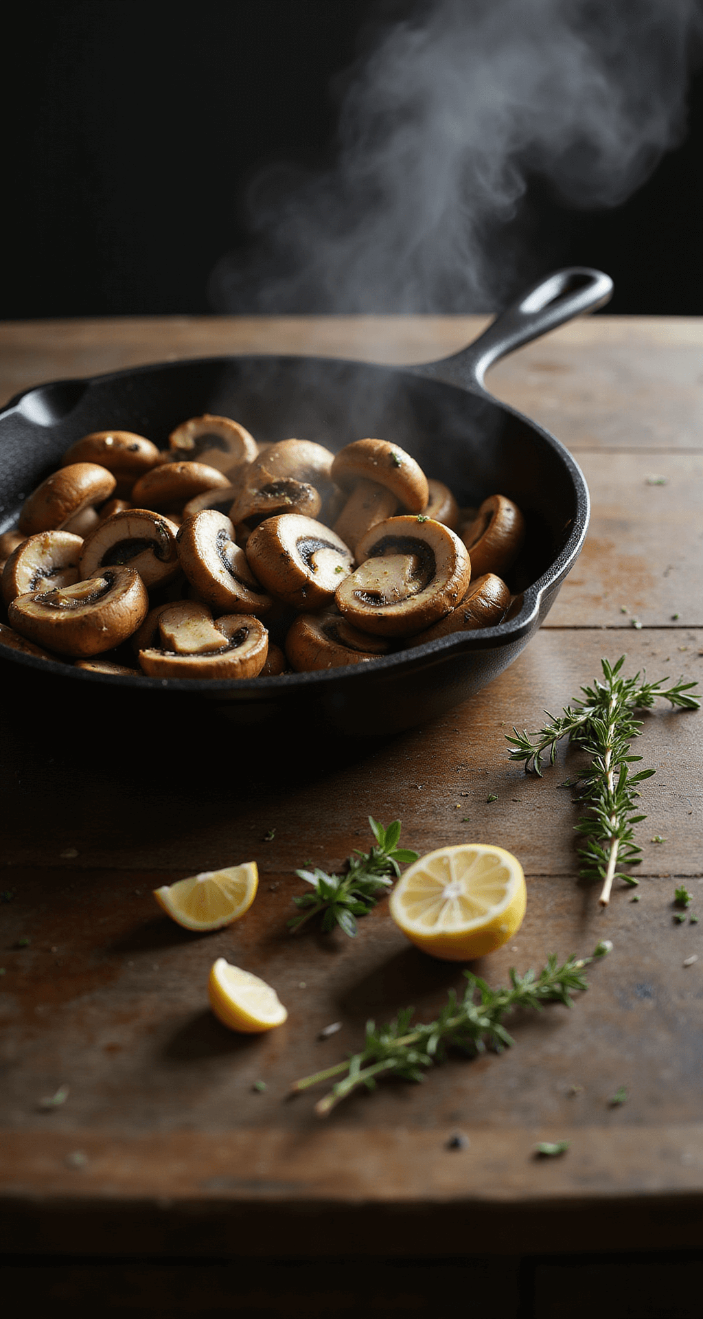 Close-up van vers gesneden champignons die in een rustieke gietijzeren pan worden gebakken, glinsterend van olijfolie onder warm keukenlicht. Verse tijm en gehakte knoflook liggen ernaast, met stoom die delicaat uit de pan opstijgt.