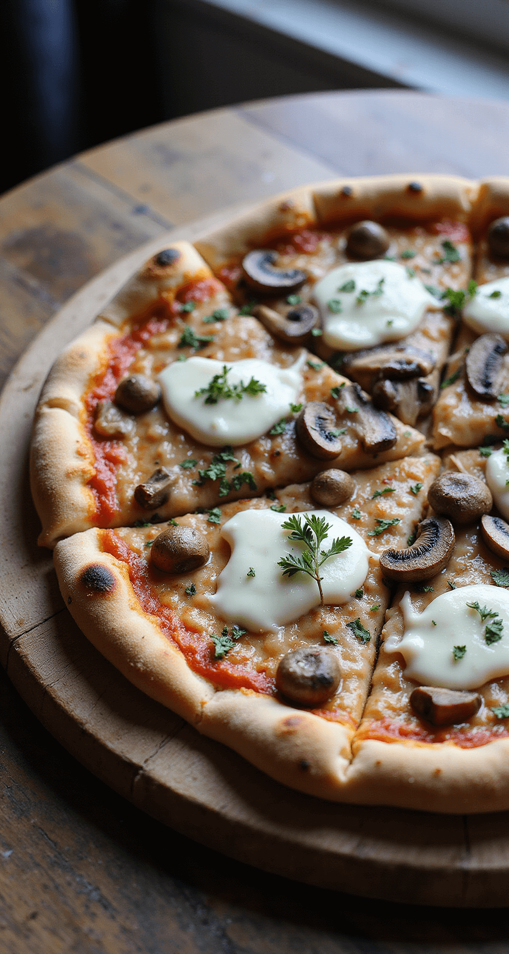 Bovenaanzicht van een perfect gebakken pizza met champignons op een verouderde houten pizzapel, met stoom die opkomt uit de gesmolten mozzarella. De goudbruin korst is zichtbaar aan de randen, met gekarameliseerde champignons en verse tijm verspreid over het oppervlak, vastgelegd in natuurlijk vensterlicht met subtiele schaduwen die diepte creëren.